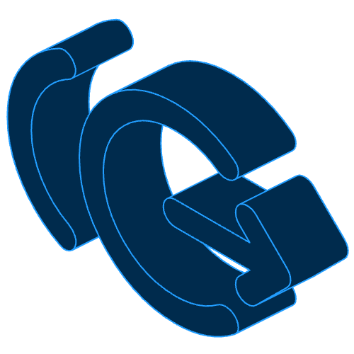 Blue 3D circular arrow icon pointing downward and to the right, representing a return or undo action.